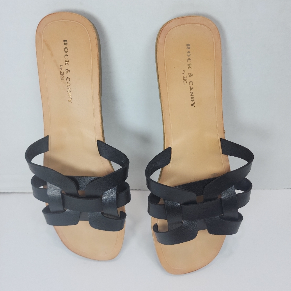 Rock&Candy Women Black Open Toe Flat Slippers Slide Size 11